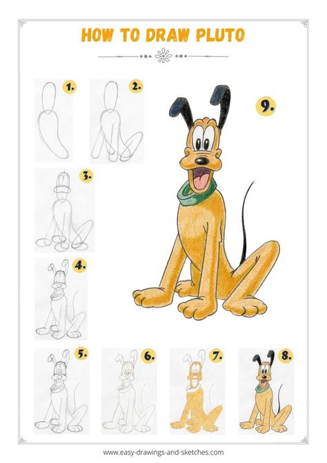 Learn how to draw Pluto in few simple steps Step By Step Art Projects, Step By Step Oil Pastel, Drawings Easy For Kids, Animal Drawings For Kids, Easy Pokemon Drawings, Art Projects Easy, Easy Pokemon, Dog Drawing Simple, Step By Step Art