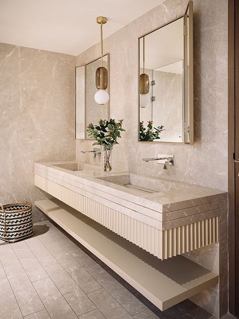 Fluted details and a nude marble lend a certain softness to the master bath Image Credit: Ishita Sitwala | Styling Credit: Samir Wadekar Washroom Tiles Design, His And Hers Bathroom, Bathroom Sink Design, Toilet Vanity, Bathroom Sink Decor, Vanity Counter, Beautiful Bathroom Designs, Toilet Bidet, Washroom Decor