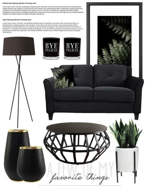 An inspirational living room layout that combines black furniture and black decorative items with greenery and dark fern botanical prints. #livingroom #botanicalprints #blackfurniture #blacksofa #decoration #decoratingideas #homestyle #homedecor #blackdecor Room Greenery, Black Couch Living Room, Black And Gold Living Room, Black And White Living Room Decor, Black Couch, Neutral Contemporary, Black Furniture Living Room, Black Living Room Decor, White Living Room Decor