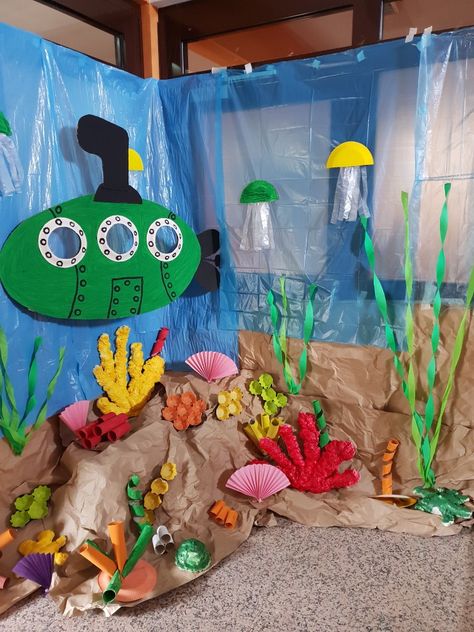 Under The Sea Poster Board, Submarine Classroom Decorations, Under The Sea Window Display, Ocean Library Display, Ocean Decorations Diy, Under The Sea Library Theme, Under Water Classroom Theme, Under Water Decorations Sea Theme, Preschool Under The Sea Theme