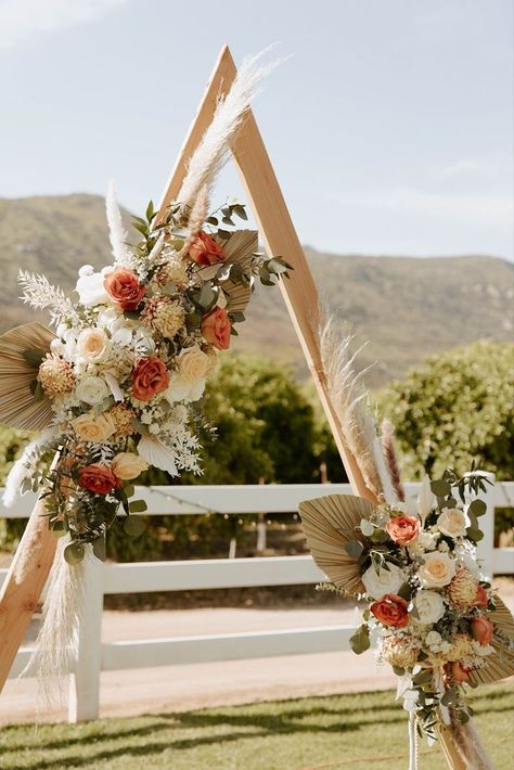 Wooden Triangle Arch, Jordan Rose, Sedona Wedding, Wedding Arch Flowers, Arch Flowers, Wedding Unity, Arch Decoration Wedding, Rose Photo, Boho Wedding Decorations