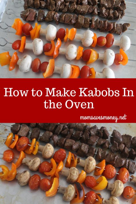 Kabobs made in the oven make it a perfect recipe for year round eating! No need to wait for perfect weather. #kabobs #steakkabobs #kabobs #oven #veggies #vegetables Oven Shish Kabobs, Baked Kabobs, Beef Kabobs In Oven, Steak Kabobs In The Oven, Kabobs Oven, Oven Kabobs, Oven Veggies, Kabobs In The Oven, Steak And Vegetables