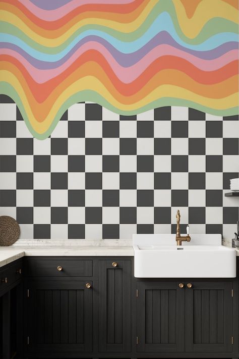 Colorful Walls Home, Fun Wall Murals, Rainbow Checkered Wallpaper, Colorful Mural Wall, Fun Accent Wall Ideas, Checkered Room, Funky Wall Paint Ideas, Funky Bathroom Ideas, Checkerboard Wall