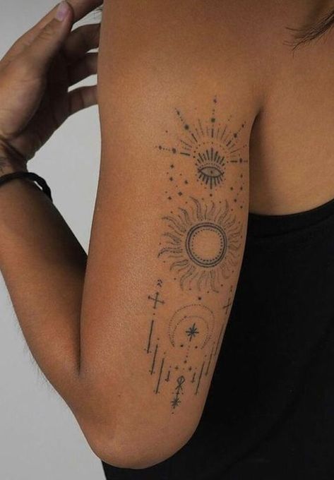 Unique Artsy Tattoos, Summer Inspired Tattoo, Bohemian Tattoo, Earthy Tattoos, Hippie Tattoo, Boho Tattoos, Sun Tattoos, Geniale Tattoos, Cute Tattoos For Women