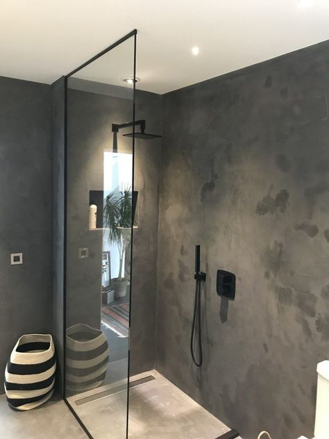 What is Microcement - find out what Microcement is here at Flexflooring! Bathroom With Concrete Wall, Concrete Floor Bathroom Design, Polished Concrete Shower Walls, Dark Microcement Bathroom, Grey Microcement Bathroom, Microcement Ensuite, Microcrete Bathroom, Microcement Shower Walls, Cement Look Bathroom