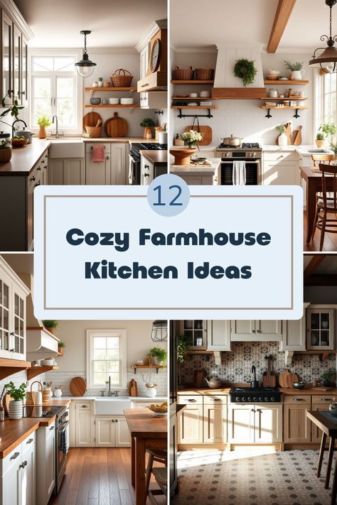 Transform your cooking space with these 12 ideas for farmhouse kitchens. Discover charming features like chalkboard walls for notes, striking vintage lighting fixtures that add character, and a farmhouse sink that serves as a beautiful focal point. Cozy nooks for family gatherings compliment the rustic vibe. Dive into DIY inspiration, clever storage solutions, and lovely decor tips to create your dream kitchen. Perfect for anyone looking to marry warmth and style in their home, this guide offers plenty of inspiration to make your kitchen the heart of your home. Vintage Farmhouse Kitchen Ideas, Rooster Kitchen Decor Farmhouse Style, Old Farm Kitchen, Farm Kitchens, Cozy Farmhouse Kitchen, Vintage Lighting Fixtures, Antique Farmhouse Kitchen, Industrial Farmhouse Kitchen, Chalkboard Walls