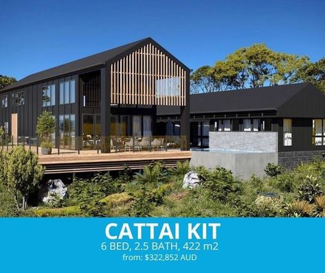 Imagine Kit Homes on Instagram: "🏠 CATTAI KIT : 6 🛏, 2.5 🛁, ▣ 422 m2. Prices starting from: $322,852 AUD Pricing shown is for Australia* . 🏗Build your own here: https://imaginekithomes.com.au/plans/cattai/ . All our plans be fully customised, you can also buy our Plan Blueprints here: https://imaginekithomes.com.au/blueprints/ . enquiries@imaginekithomes.com.au . View our Inclusions here: https://imaginekithomes.com.au/inclusions/ . #imaginekithomes #ikh #steelframesaustralia #kithomes #kith Kit Homes Australia, Types Of Cladding, Raked Ceiling, Cement Panels, Shiplap Cladding, Brick Cladding, Townhouse Designs, Timber Cladding, Kit Home