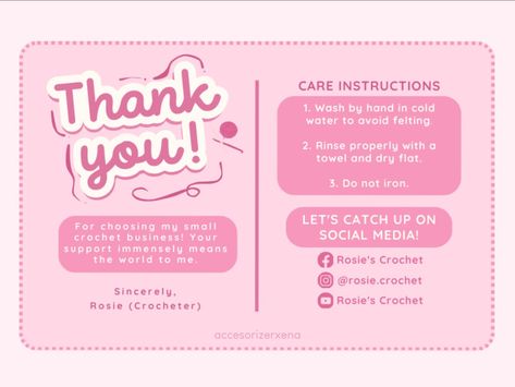 pink thank you/care card inspo for crochet businesses! (front design only) 🧶🩷 #minimalist #simple #inspo #pink #crochet #tycard #thankyoucard #card Crochet Business Cards Ideas, Thank You Card Ideas For Small Business, Thankyoucard Design Business, Crochet Business Logo, Thankyoucard Design, Crochet Business Cards, Decor Notebook, Small Business Instagram, Graphic Design Business Card