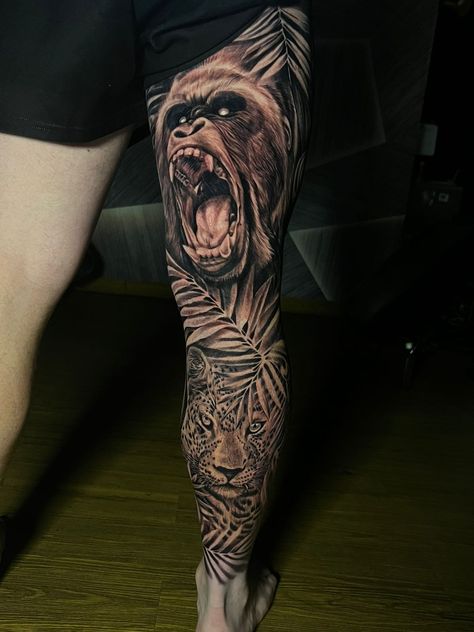 Leg Tattoos Women Animals, Animal Tattoo Leg Sleeve, Animal Leg Tattoos, Jungle Leg Sleeve, Animal Leg Sleeve Tattoo, Animal Leg Sleeve, Jungle Tattoo Ideas, Realism Stencil, Zebra Tattoos