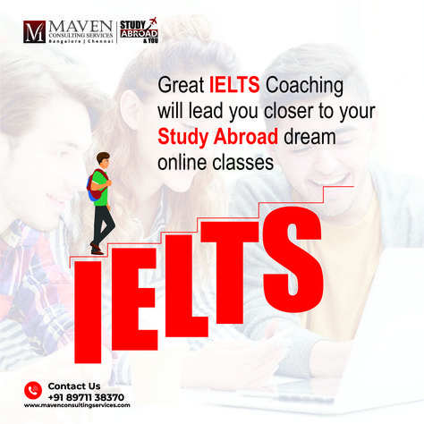 You will get closer to your dream with excellent IELTS coaching. Feel free to contact us at +91 89711 38370 or visit www.mavenconsultingservices.com for any study abroad related queries. Ielts Advertisements, Ielts Social Media Post, Ielts Poster Design, Ielts Creative Ads, Academic Design, Picture Story Writing, Abroad Study, Ielts Coaching, Education Poster Design