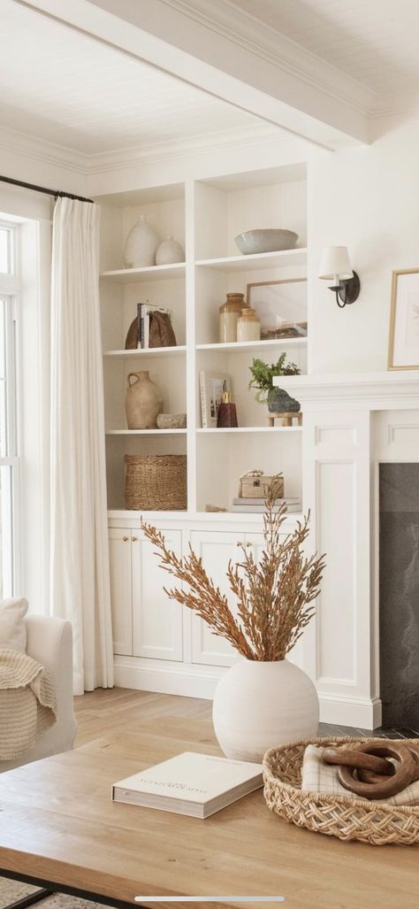 Living Room White Built Ins, White Wall White Furniture, Fireplace Bookshelf Decor, Built In Shelves Styling, Decorate Built In Shelves Living Room, Styling Built Ins Around Fireplace, White Shelf Styling, White Built In Bookshelves, Living Room Built Ins Decor