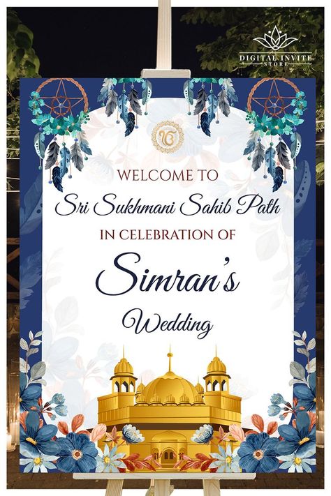 This Sri Sukhmani Sahib Path sign template download is one, that you can easily play around with to match your Sikh Welcome signs & theme. This DIY Sukhmani Sahib Path sign or Sikh Wedding sign, a fusion Sukhmani Paath Welcome sign in traditional elegance, is complemented with florals & leaves, perfect for your Sukhmani Path Welcome sign. Sukhmani Sahib Path Welcome sign Sri Sukhmani Paath sign, Sukhmani Sahib Welcome sign as Sukhmani Sahib Path sign & Welcome Sukhmani poster Unique Wedding Signs, Welcome Boards, Welcome Signs, Sign Board, Sikh Wedding, Sign Templates, Template Download, Wedding Sign, Digital Invitations