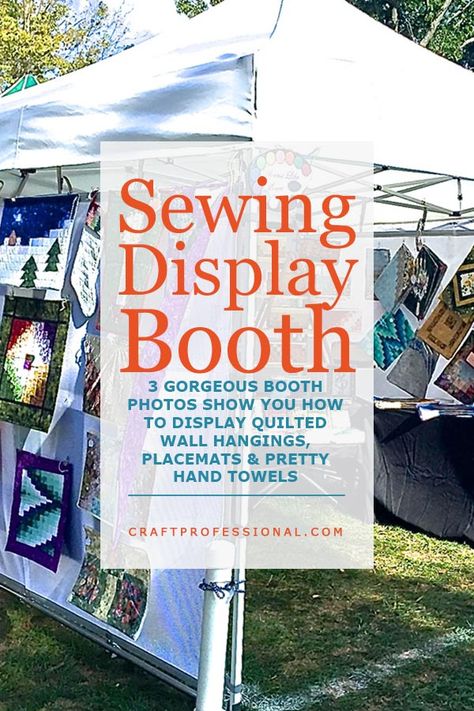 3 gorgeous sewing booth photos show you how to display quilted wall hangings, placements, and handmade towels. #craftdisplay #craftshow #craftfairs #craftbusiness #handmade #creativebusiness Ideas For Craft Shows, Quilt Shop Displays, Quilted Wall Art, Craft Booth Design, Craft Booths, Craft Fair Booth Display, Craft Show Booths, Craft Show Booth, Tea Display