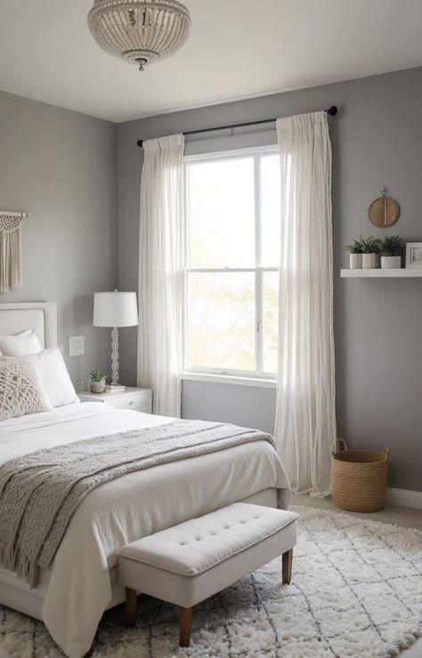 Bedroom With Grey Walls, Gray Accent Wall Bedroom, White Faux Fur Rug, Light Gray Bedroom, Hanging Macrame Wall Art, Metallic Decor, Gray Bedroom Walls, Grey Accent Wall, Bedroom Ideas Aesthetic