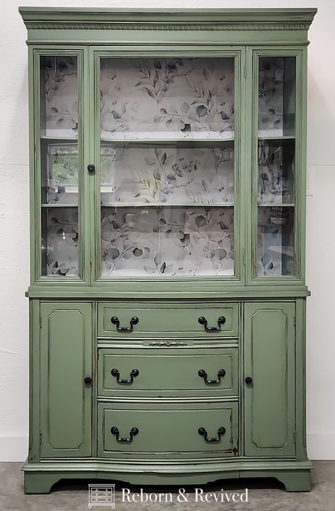 China Cabinet With Wallpaper, Cabinet With Wallpaper, Green China Cabinet, Home Massage Room, Apothecary Shelf, Repurposed China Cabinet, China Hutch Makeover, China Cabinet Makeover, Vintage China Cabinets