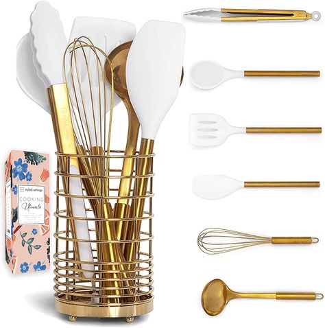 White Silicone and Gold Cooking Utensils Set with Gold Utensil Holder: 17PC Set Includes White & Gold Measuring Cups and Spoons Set,White Utensils Set,Gold Spatula,Gold Whisk Gold Kitchen Utensils, Modern Kitchen Utensils, White Kitchen Utensils, White Kitchen Accessories, Gold Utensils, Copper Kitchen Accessories, Gold Kitchen Accessories, Copper Kitchen Utensils, Rose Gold Kitchen