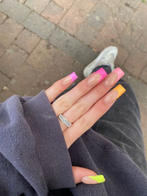 French Tip Multi Color Nails, French Tips Multi Color, Multicolour French Tip Nails, French Tips With Neon Colors, Multicolour Nails, Multicolored French Tip Nails, Primary Color French Tip Nails, Multicolored Nails, French Tip Nails