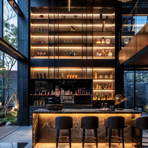 36 Chic Home Bar Spaces: Embracing Audacity in Visual Expressions of Style Double Sided Bar, Modern Bar Design Home, Residential Bar Design, Bar Island Design, Bar Design Ideas Home, Bar Designs For Home, Modern Home Bar Designs Luxury, House Bar Design, Modern Bar Ideas