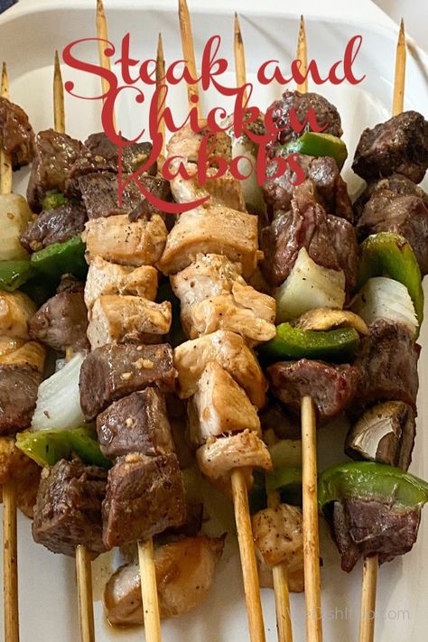 Steak and Chicken Kabobs Steak And Chicken Kabobs, Steak Kabob Marinade, Beef Kabob Marinade, Chicken Shish Kabobs, Steak Kebabs, Barbecue Pork Ribs, Chicken Kabob Recipes, Classic Macaroni Salad, Chicken Mushrooms