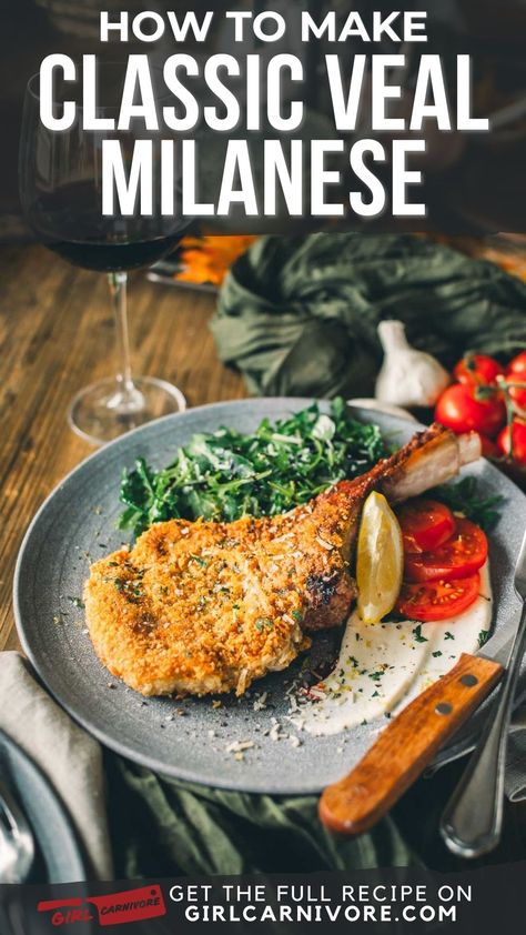 🍖 Bone-In Veal Milanese = Dinner Party Showstopper! 🇮🇹 Transform veal chops into a crispy, tender masterpiece with our foolproof recipe. Learn the secrets to perfectly pounded meat and a crunchy panko-parmesan coating. Impress your guests with this restaurant-quality dish that's easier than you think. Get ready for rave reviews! #VealMilanese #ItalianCuisine #GourmetDinner Ground Veal Recipes, Veal Parmesan Recipe, Veal Chop Recipes, Arugula Salad Dressing, Veal Chops, Veal Parmesan, Veal Milanese, Milanese Recipe, Veal Chop