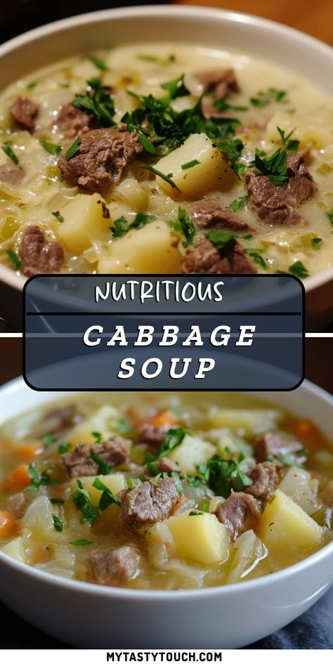 I absolutely love making this nutritious cabbage soup! It's packed with tender chunks of beef, hearty potatoes, and vibrant vegetables. Not only is it a comforting dish for chilly days, but it’s also a great way to get a healthy dose of veggies. The rich flavors and soothing aroma fill my kitchen every time I whip it up. Perfect for family dinners or meal prepping for the week ahead! Cabbage And Spinach Soup, Pork And Cabbage Stew, Cabbage Diet Soup 10 Pounds, Soup Recipes With Cabbage, Soups With Cabbage, Creamy Cabbage Soup Recipe, Hamburger Cabbage Soup, Vegetable Soup With Cabbage, Brussel Sprout Soup