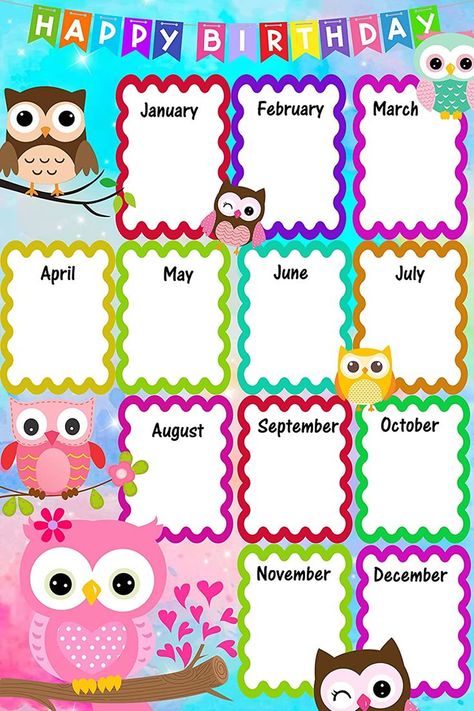 Birthday Charts For Kindergarten, Birthday Calendar Classroom, Birthday Chart Classroom, Preschool Classroom Themes, Birthday Board Classroom, Birthday Chart, Owl Classroom, Birthday Bulletin, Student Birthdays