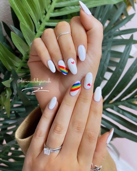 Pride Nails Designs Almond Shape, Pride Nails Designs Almond, White Nails With Rainbow Designs, Pride Month Nails Simple, Nail Inspo Pride, Pride Month Nails 2024, Pride Manicure Ideas, White And Rainbow Nails, Pride Themed Nails