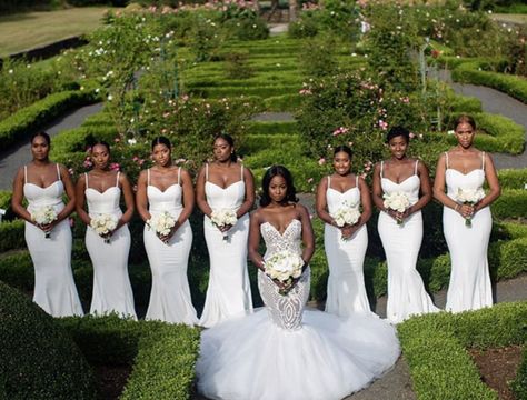 This bridal party takes wearing all white and feeling godly to a whole new level of lit | Essence.com Maid Of Honor Dresses, White Bridesmaid, White Spaghetti, All White Wedding, White Bridesmaid Dresses, Black Bride, Dresses Cheap, Mod Wedding, African Wedding