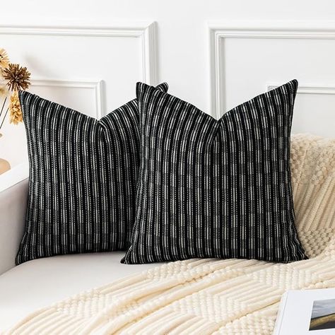 Amazon.com: Kevin Textile Pack of 2 Farmhouse Decorative Throw Pillow Covers Burlap Linen Cushion Cover Striped Pillowcase, Black 18 x 18 inches 45 x 45 cm : Home & Kitchen Simplistic Aesthetic, Garden Coffee Shop, Farmhouse Throws, Chair Bedroom, Farmhouse Throw Pillow, Garden Coffee, Sofa Bench, Garden Pillows, Modern Bedroom Decor