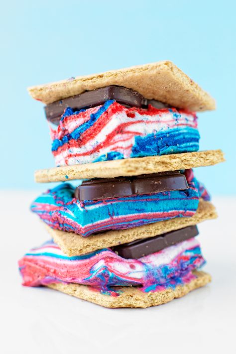 Tie Dye Fourth of July S'mores | studiodiy.com 4th Of July Smores, Dove Chocolate, Patriotic Desserts, 4th Of July Desserts, Unflavored Gelatin, Fourth Of July Food, Studio Diy, Red Food Coloring, S'mores