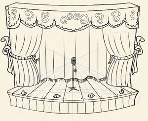 Digital sketch of the stage for the Debut line of bundles.   #mypaint #digitalart Theatre Drawing, Drama Stage, History Drawings, Curtain Drawing, Cute Monsters Drawings, Modern Theatre, Theatre Curtains, Desain Buklet, Vintage Theatre