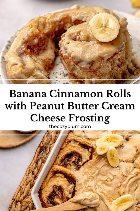 Banana cinnamon rolls are like banana bread in cinnamon roll form. Fluffy, yeasted dough gets filled with sliced bananas, lots of cinnamon sugar, baked in a bath of heavy cream, and topped off with a gooey peanut butter cream cheese frosting.  This unique twist on homemade cinnamon rolls is fluffy, gooey, sweet, and tangy - everything you need for a perfect morning treat, best warm from the oven! Banana Cinnamon Rolls, Banana Bread Cinnamon Rolls, Peanut Butter Cream Cheese Frosting, Peanut Butter Cream Cheese, Pecan Cinnamon Rolls, Pastries Recipes Dessert, Peanut Butter Cream, Cinnamon Roll Bread, Rolls Homemade