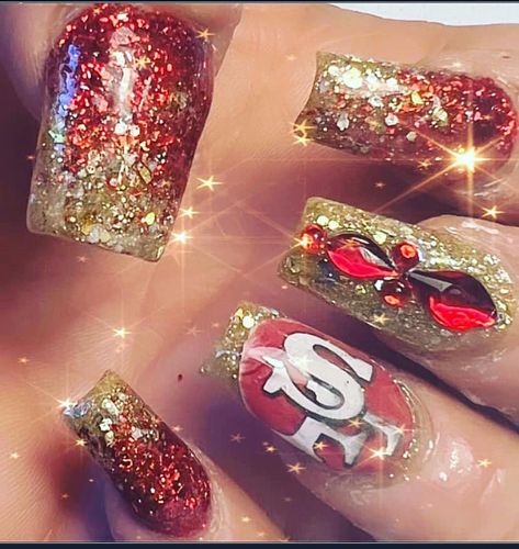 San Francisco 49ers Nails Design, 49er Nails Designs, Niners Nails, 49ers Nails Designs, 49er Nails, 49ers Nails, Club Nails, Football Nails, George Kittle