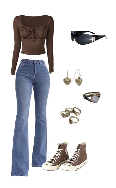 Flares Outfit Aesthetic, Outfit With Flare Jeans, Flare Jeans Outfit, Casual Summer Outfits For Women, Aesthetic Brown, Outfits 90s, Casual College Outfits, Everyday Fashion Outfits, Casual Day Outfits