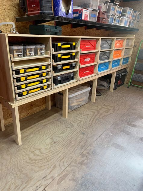 Large Tool Storage, Tool Drawer Organizer Garage, Garage Workshop Layout Tool Box, Toolshed Organization Ideas, Cabinet Installation Diy, Cargo Box Storage Garage, Garage Organization Shelves, Shed Shelving, Tool Box Organazation