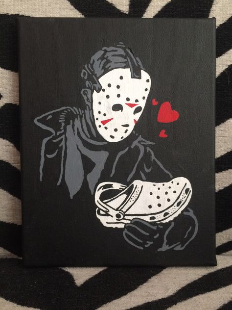 Shoe Art Painting, Love Painting Canvas Aesthetic, Halloween Canvas Paintings Easy Diy, Game Painting Ideas, Pinhead Painting, Horror Movie Paintings Canvas Easy, Jason Painting Canvas, Ghostface Painting Canvas, Chucky Painting Canvas