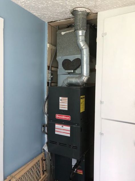 q how do i cover this furnace up Laundry Furnace Room Ideas, Diy Furnace Cover, Mobile Home Furnace, Hidden Laundry Rooms, Shutters With Curtains, Furnace Room, Home Furnace, Oil Furnace, Hidden Laundry