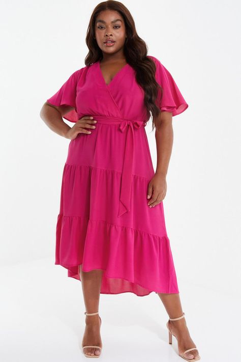 Curve Pink Wrap Tiered Dip Hem Dress - Quiz Clothing Midi Wrap Dress, Plus Size Fits, Tiered Midi Dress, Fit N Flare Dress, Crepe Fabric, Tiered Skirt, Hem Dress, Tie Belt, Nordstrom Dresses