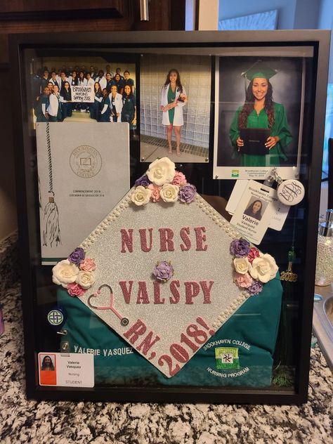 Diy Nursing Graduation Cap, Nursing Acceptance Announcement, Nursing Shadow Box Graduation, Nursing Shadow Box Ideas, Nursing School Shadow Box Ideas, Nursing Student Graduation Cap, Nursing School Grad Cap Ideas, Nurse Shadow Box Ideas, Cap And Gown Shadow Box Ideas