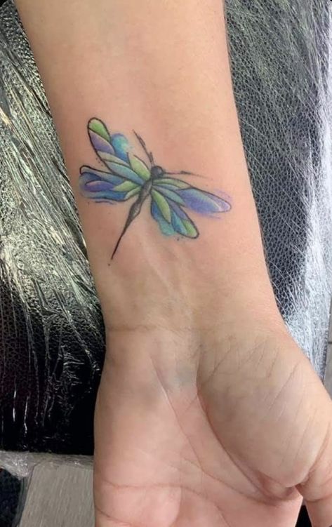 Small Colorful Dragonfly Tattoos, Dragon Fly Tattoo Watercolor, Dragonfly Ladybug Tattoo, 2 Dragonfly Tattoo Design, Dragonfly With Lotus Tattoo, Watercolor Dragonfly Tattoo For Women, Small Dragonfly Tattoo Color, Dragonfly Daisy Tattoo, Dainty Dragonfly Tattoo For Women