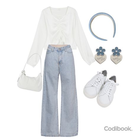 Simplelook,Lookbook,Modern,Romanticvintage,Sweet,Cute,Coolandcomfortable,Bag,Jeans,White&blue,Dailycodi 코디 by B e E e - Codibook. Codibook Outfit, Ootd White Jeans, Codibook Style, White Bag Outfit, White And Blue Outfits, Blue Ootd, Bag Jeans, Sweet Jeans, Korean Fashion Dress