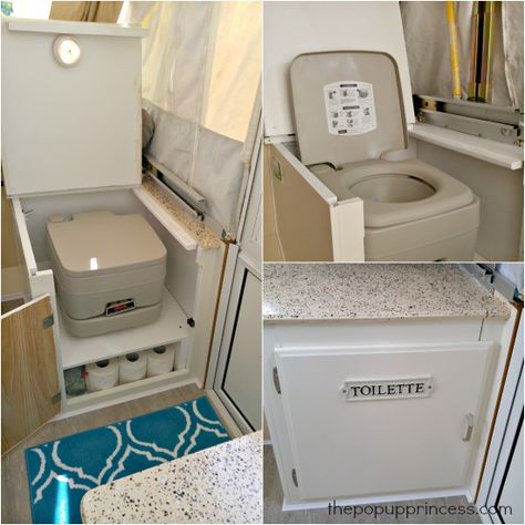 No toilet in your pop up camper?  No problem!  Retrofit an existing cabinet to accommodate a portable potty. Camping Retreat, Aliner Campers, Pop Up Campers, Pop Up Princess, Popup Camper Remodel, Pop Up Tent Trailer, Camper Vintage, Kangoo Camper, Kombi Motorhome