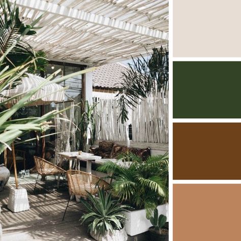 Off-white fabrics/macrame, light and dark woods, white-washed walls, lots of greenery Coastal Color Palettes, Balinese Interior, Tropical Patio, Tint Color, Coastal Color Palette, Color Palette Inspiration, Tropical Interior, Tropical Architecture, House Color Palettes