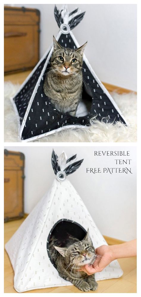 DIY Fabric Pet Teepee House Free Sewing Patterns | Fabric Art DIY Cat House Sewing Pattern, Sewing For Cats Diy Projects, Diy Cat Teepee, Cat Bed Pattern Sewing, Sewing Projects For Cats, Sew Cat Bed, Pet Beds Diy, Rabbit Beds, Bunny Enrichment