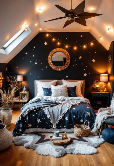 Blue Boho Girls Bedroom Color Themed Bedroom Ideas, Starry Wallpaper Bedroom, Silver And Navy Bedroom Ideas, Dark Blue And Teal Bedroom, Night Sky Bedroom Aesthetic, Star Theme Bedroom, Starry Night Room Decor, 90s Celestial Bedroom, Guest Room Themes