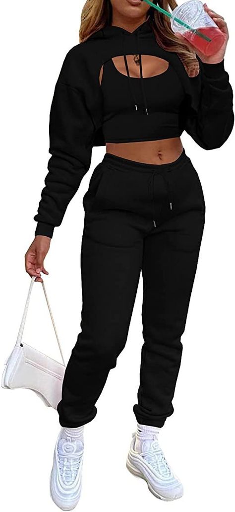 Women sexy 2 piece sportswear, solid color, crop hoodie, long sleeve, tank, high waisted long pants, trousers, jogging pants, womens 3 piece loungewear, fall sweatsuits, workout sets, 3 piece yoga suit, fashion 3 piece streetwear. Tracksuit Outfit Women, Cute 2 Piece Outfits, Tracksuit Outfit, Tank Jumpsuit, Casual Blazer Women, Classy Winter Outfits, Cute Workout Outfits, Joggers Outfit, Yoga Suit