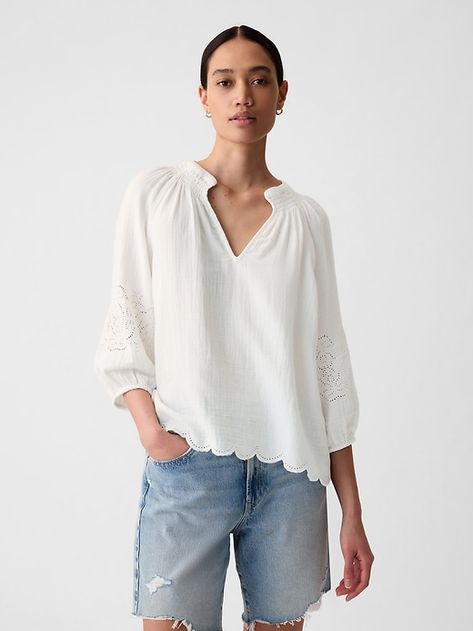 Eyelet Puff Sleeve Shirt Everlane Outfit, Eyelet Shirt, Puff Sleeve Shirt, White Eyelet, Scalloped Hem, Puff Sleeves, Cotton Shirt, Fashion News, Clothing And Shoes