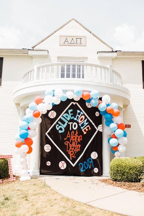 Baseball Theme Bid Day Sorority, Sports Bid Day Theme, Baseball Sorority Theme, Adpi Bid Day Themes, Baseball Bid Day Theme, Baseball Bid Day, Pi Phi Bid Day, Baseball Tailgate, Bid Day Ideas