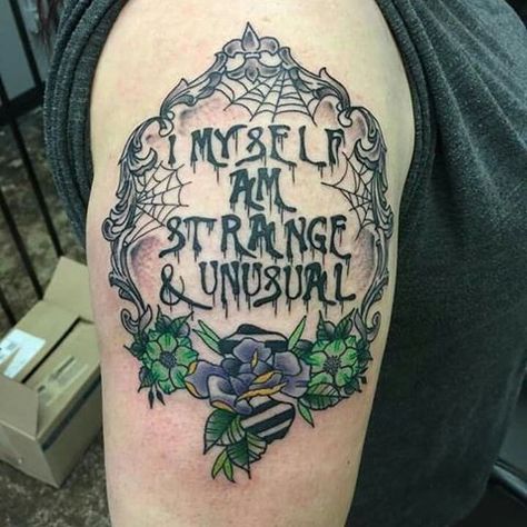 Beetlejuice Tattoo, Horror Memes, Tim Burton Tattoo, Inspiring Quote Tattoos, Horror Tattoos, Cody Fern, Strange And Unusual, Theme Tattoo, Gothic Tattoo