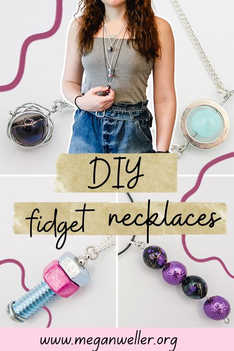 How to make Fidget Necklaces! In this video you will learn how to make four necklaces inspired by the “fidget toy” trend. These necklaces use common jewelry supplies from Michael’s, and a few things from your local hardware store. Sensory Bracelet Diy, Jewelry Crafts For Boys, Fidget Spinner Necklace Diy, Elementary Jewelry Making, Fidget Bracelets Diy, How To Make A Fidget Bracelet, Diy Stim Jewelry, Quiet Fidget Toys, Bead Fidget Diy